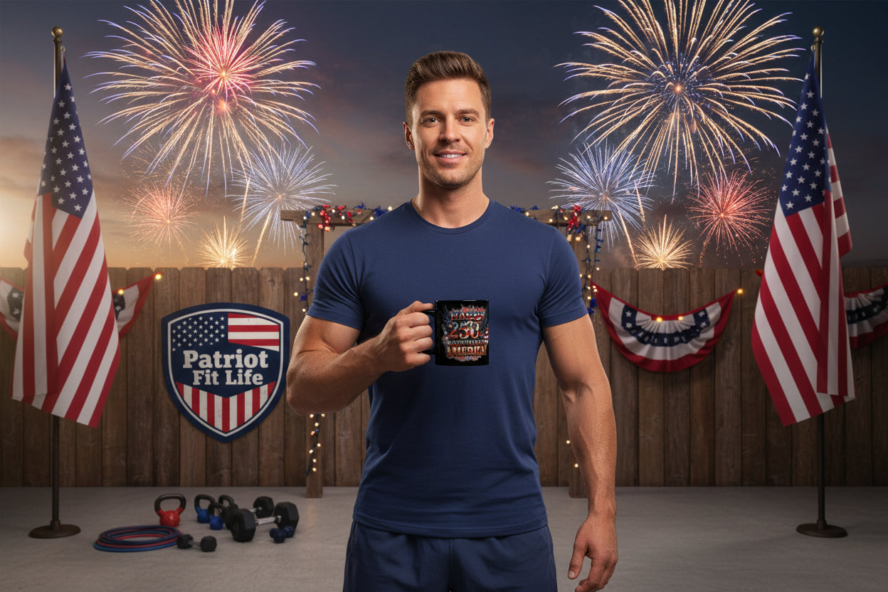 A man holding a black mug with 'Happy 250th Birthday America!' text and American flag design with fireworks in the background.