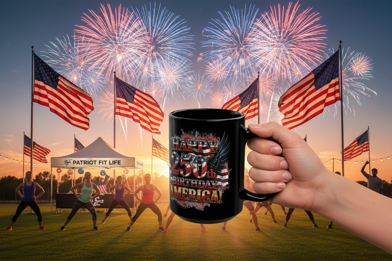 Person holding a black mug with 'Happy  250th Birthday America' text design in front of American flags and fireworks.