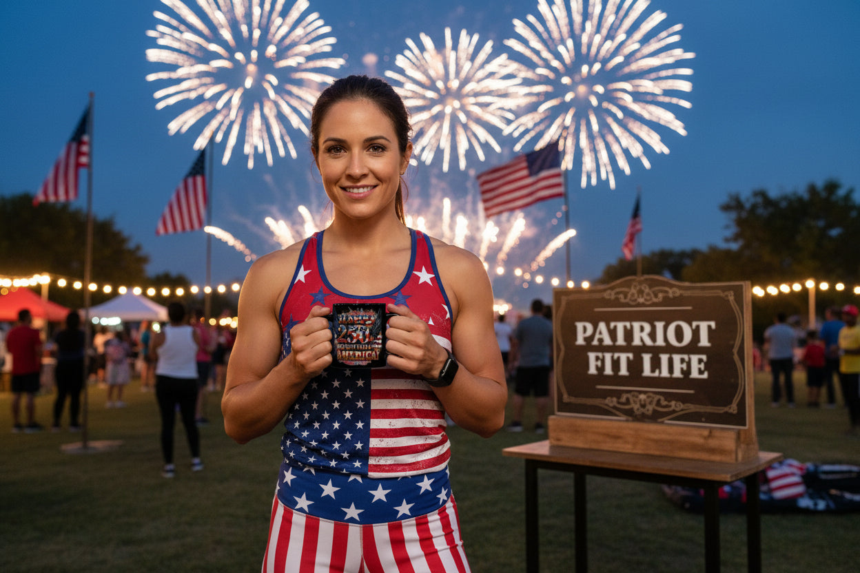 A woman in a patriotic outfit holding a mug with Happy 250th Birthday America! text with fireworks and 'Patriot Fit Life' sign in the background.
