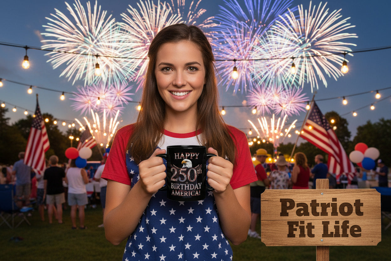 Woman holding a mug with Happy 250th Birthday America! text with fireworks and 'Patriot Fit Life' sign in the background.