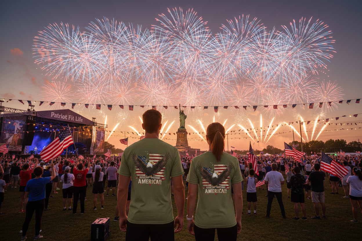 Two people wearing green t-shirts with American flags and bald eagles, watching fireworks over a crowd and the Statue of Liberty.