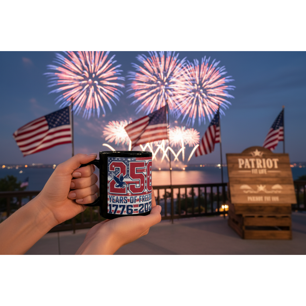 250 Years of Freedom 1776-2026 Black Mug | Patriotic Anniversary Coffee Cup