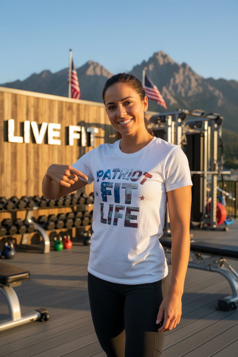 A woman with a Patriot Fit Life t-shirt in a LIVE FIT fitness setting with mountains in the background.