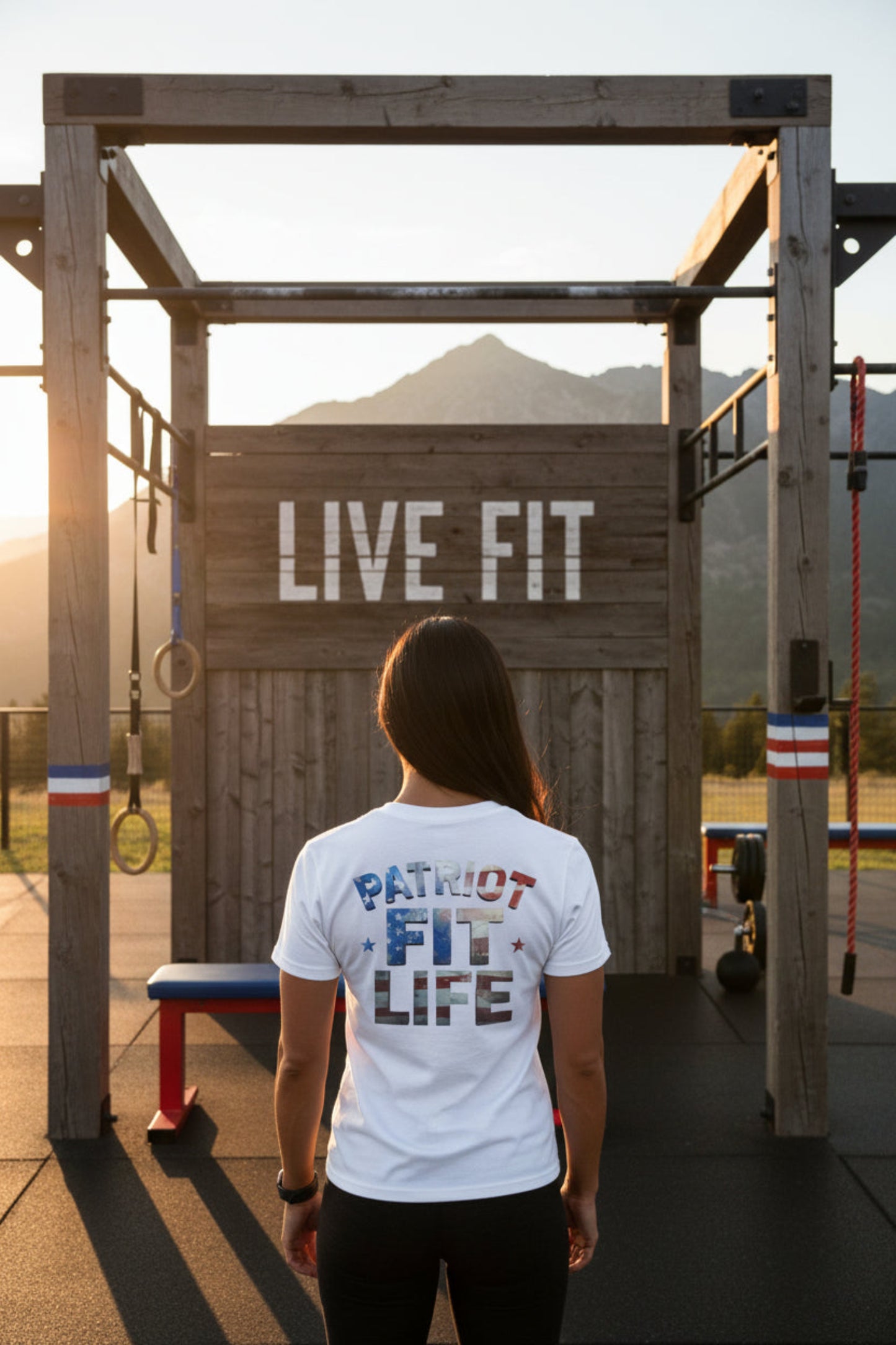 Person wearing a 'Patriot Fit Life' t-shirt standing in front of a wooden structure with 'LIVE FIT' on it, set against a mountainous landscape.