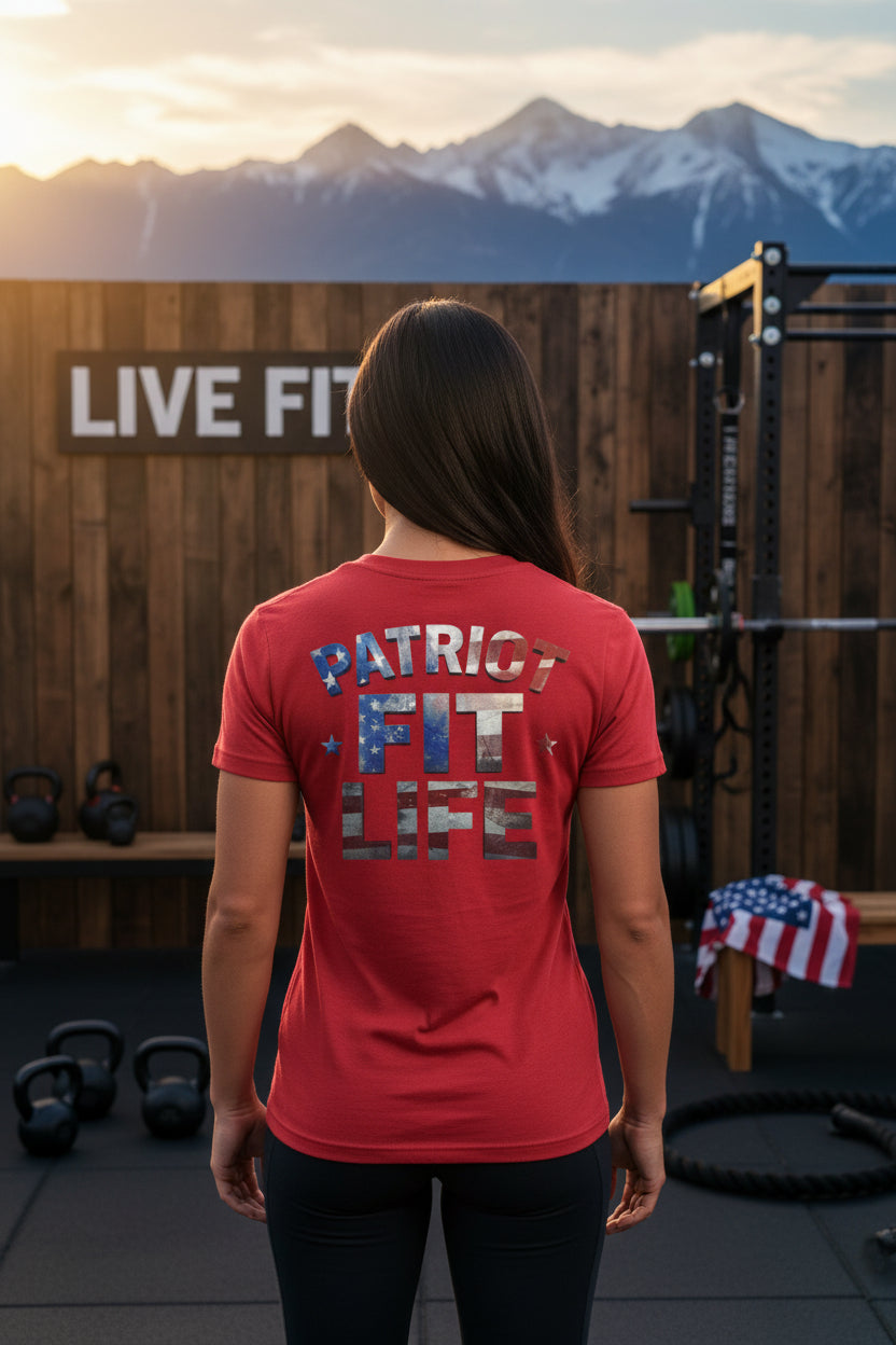 Red t-shirt with 'Patriot Fit Life' text on the back.