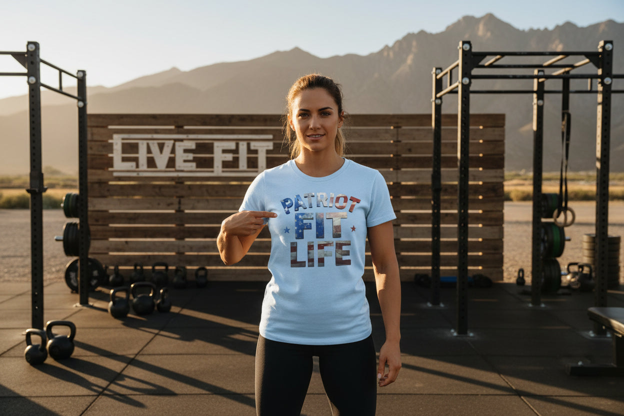 Woman in a light blue Patriot Fit Life t-shirt standing in front of a wooden sign with 'LIVE FIT' on a mountainous background.