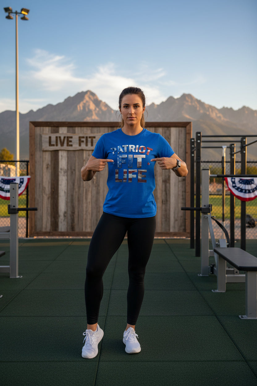 A woman wearing a blue Patriot Fit Life t-shirt in an outdoor LIVE FIT fitness area with mountains in the background.