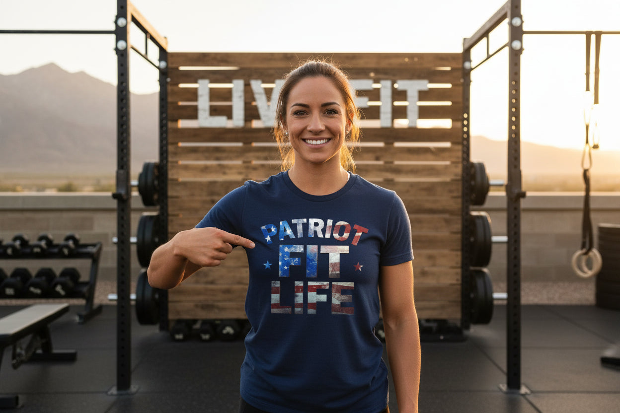 Navy blue t-shirt with 'Patriot Fit Life' text.