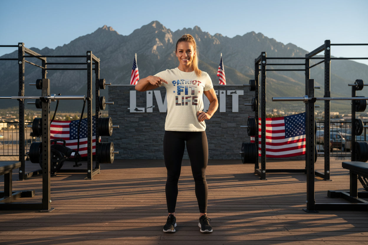 A woman posing outdoors with mountains in the background, wearing a Patriot Fit Life t-shirt.