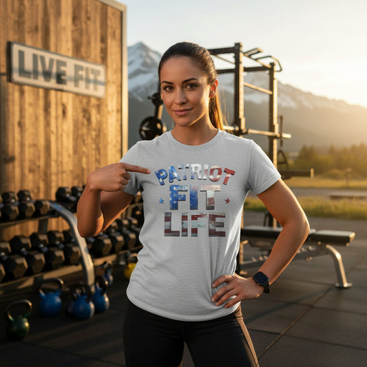 A woman pointing to a 'Patriot Fit Life' t-shirt in a gym setting with mountains in the background.