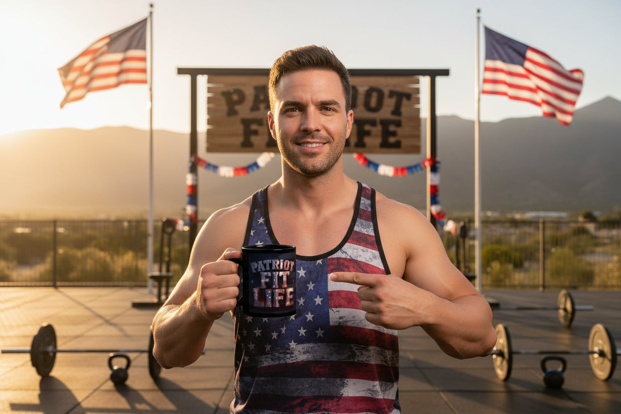 Black mug with 'Patriot Fit Life' text.