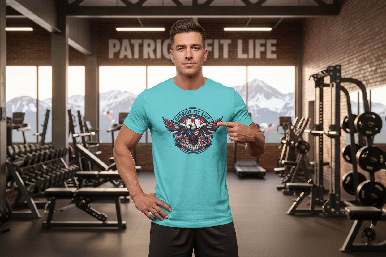 Man wearing a turquoise t-shirt with a Patriot Fit Life logo in a gym setting.