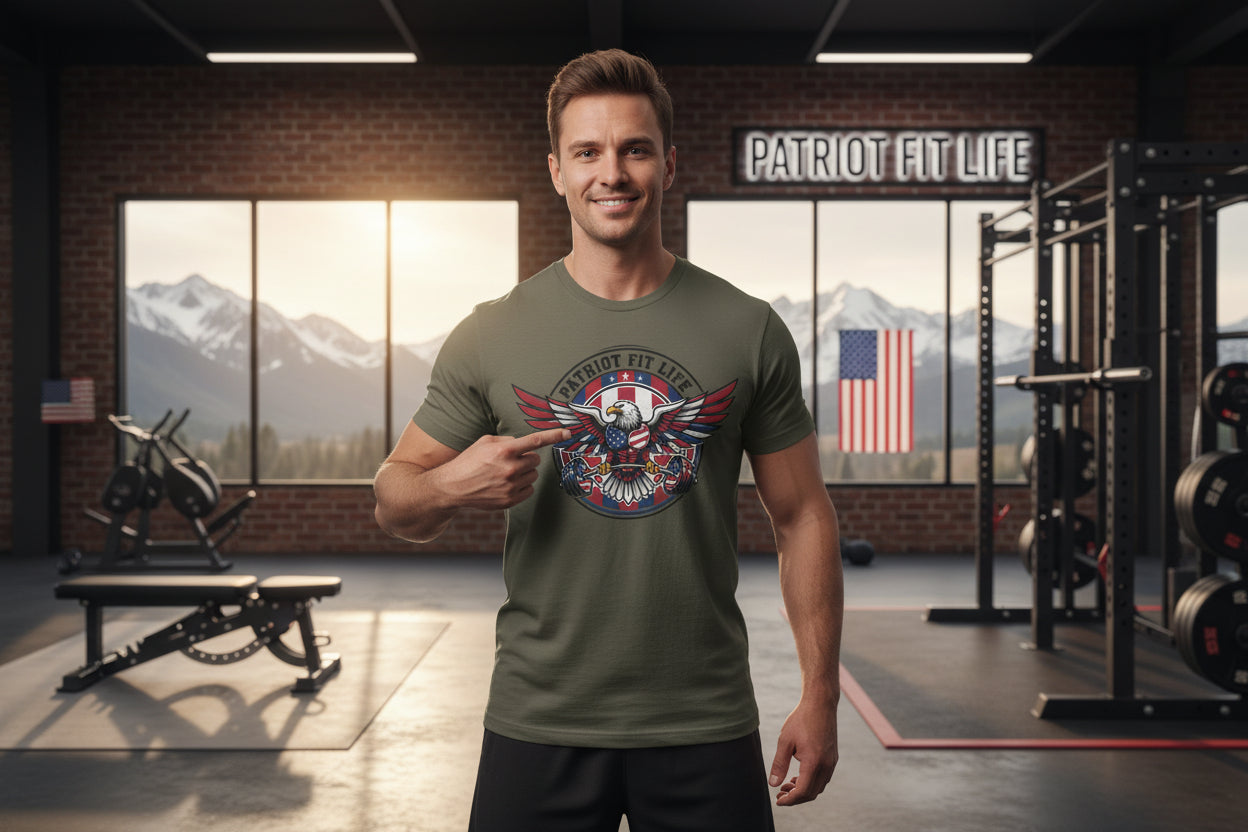 Man wearing a t-shirt with a Patriot Fit Life graphic design in a gym setting.