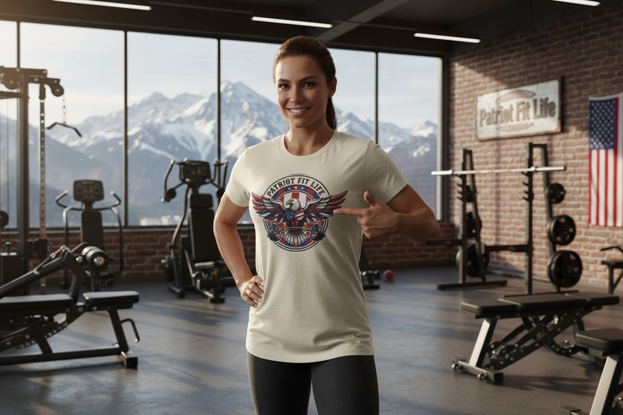 Woman in a gym wearing a Patriot Fit Life t-shirt with an eagle design, mountains visible through large windows.