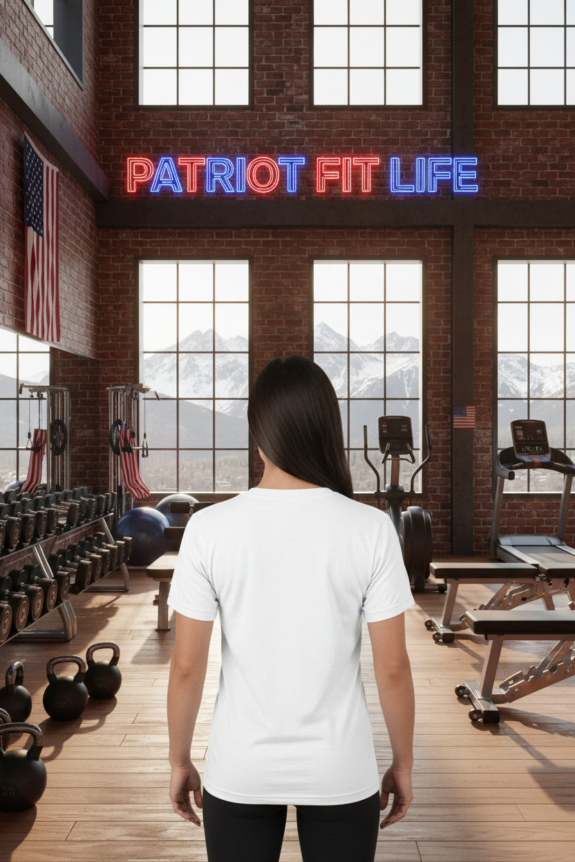 Person standing in a gym with 'Patriot Fit Life' neon sign above.