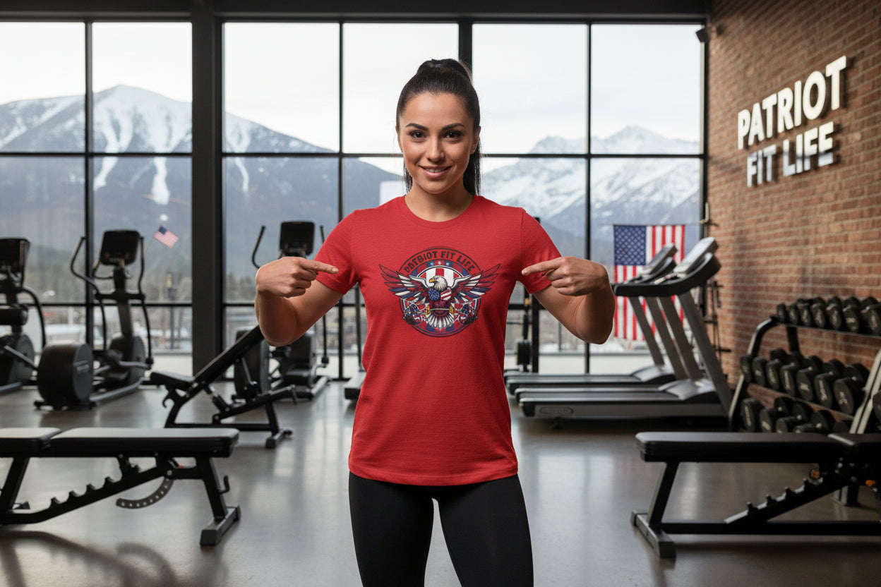 Red t-shirt with an eagle graphic and 'Patriot Fit Life' text.