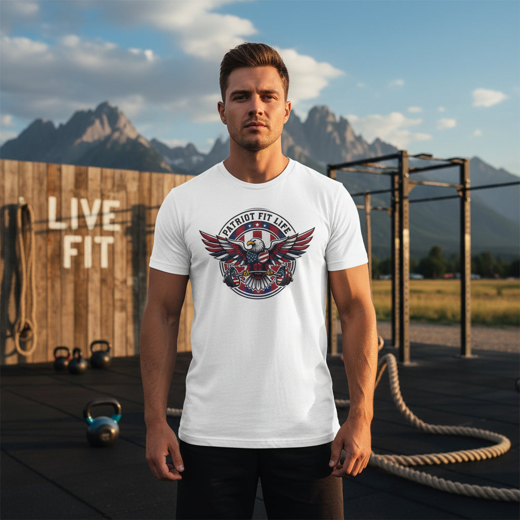 A man wearing a Patriot Fit Life white t-shirt with a graphic design in an outdoor setting with mountains and fitness equipment.