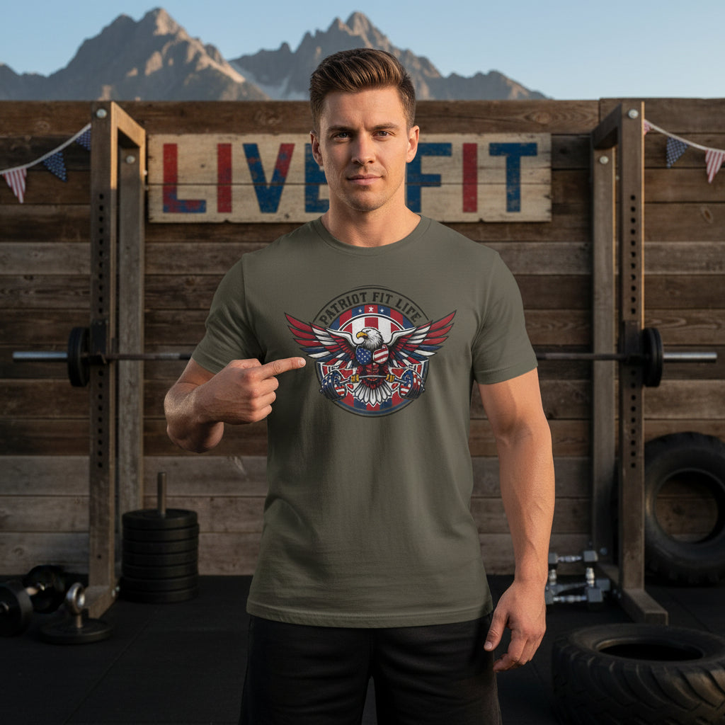 Man pointing at a Patriot Fit Life graphic t-shirt with mountains and 'LIVE FIT' sign in the background.