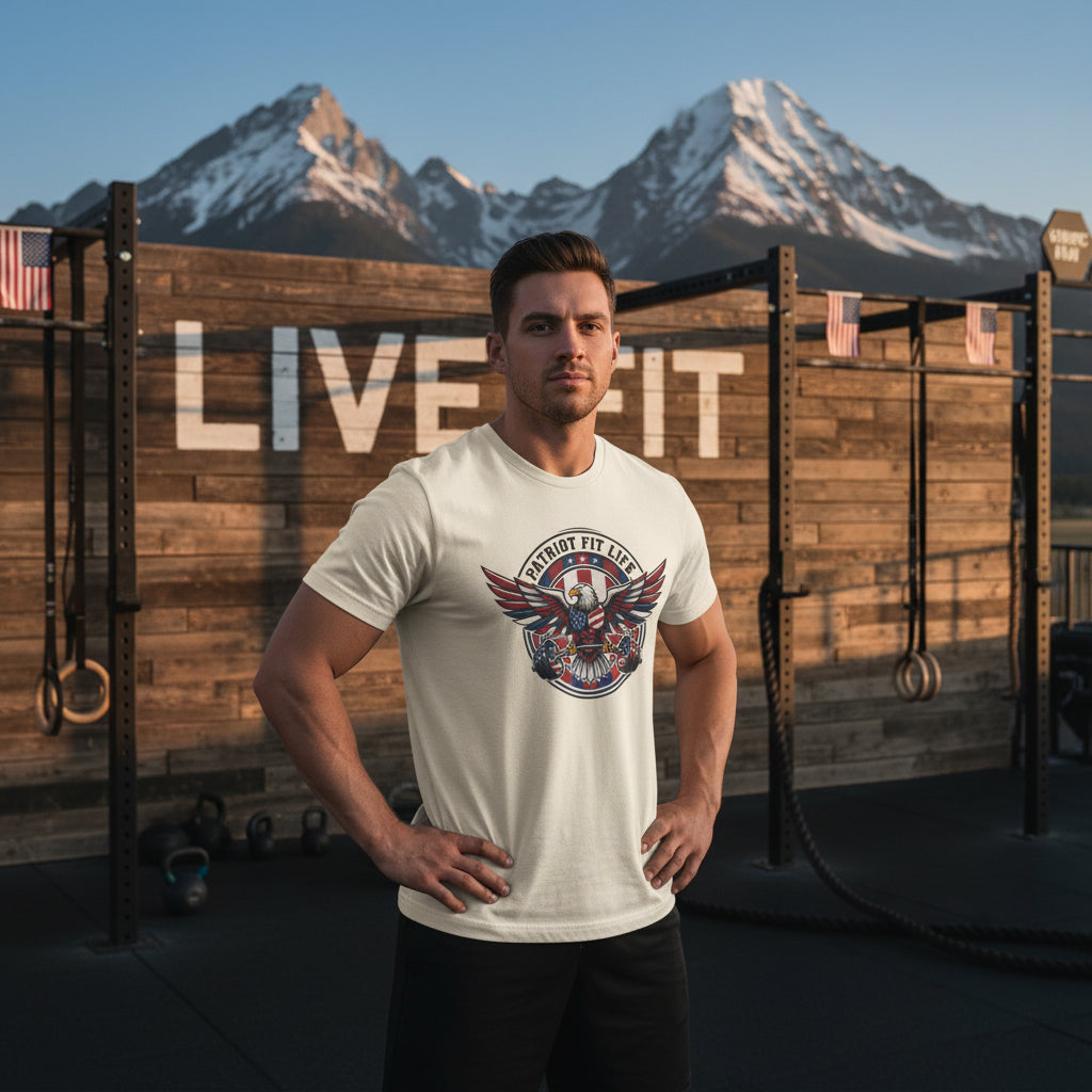 Beige t-shirt with eagle graphic and 'Patriot Fit Life' text.