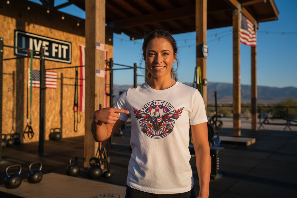 White t-shirt with 'Patriot Fit Life' graphic featuring an eagle and American flag.