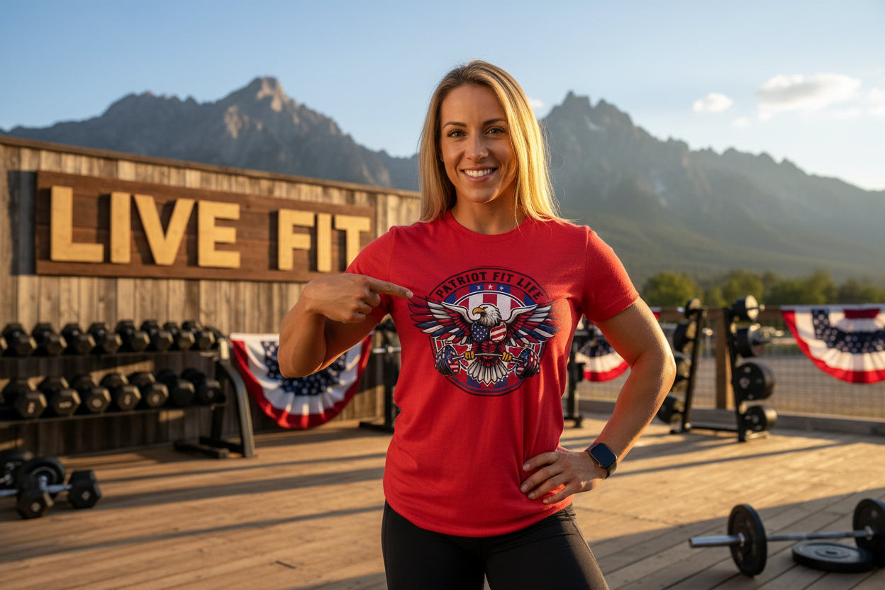 A woman in a Patriot Fit Life red t-shirt with a mountainous background and a 'Live Fit' sign.