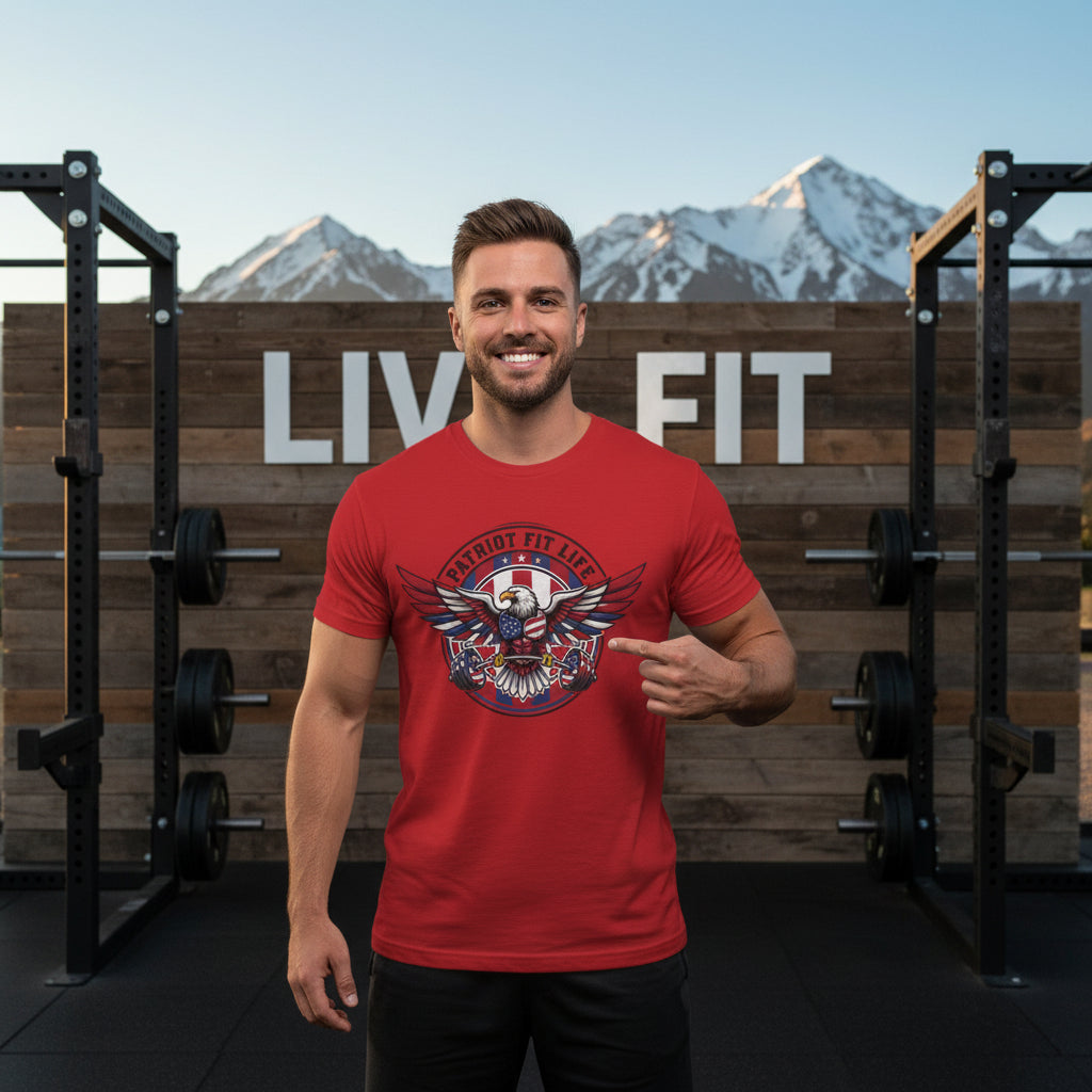 Patriot Fit Life red t-shirt with eagle and flag design.