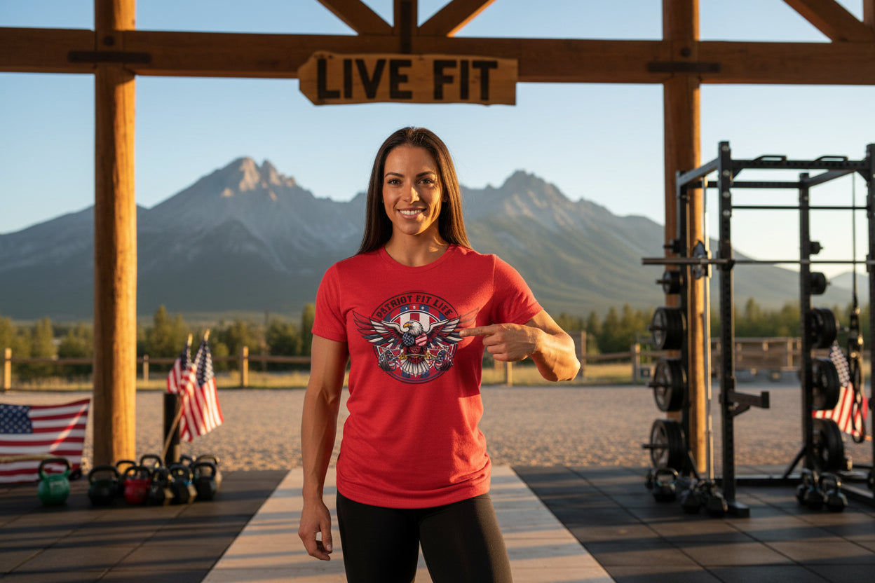 A woman in a red t-shirt pointing to a Patriot Fit Life design in a gym with mountains in the background.