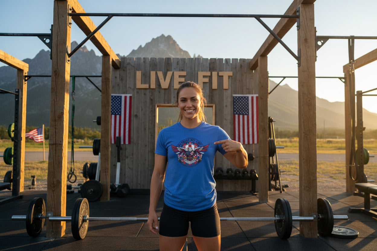 A woman with a Patriot Fit Life blue t-shirt standing in front of a 'Live Fit' sign with mountains in the background.