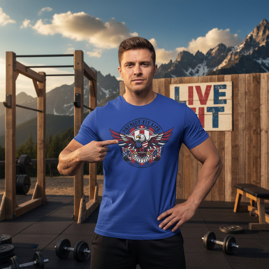 Patriot Fit Life blue t-shirt with an eagle and American flag design. 