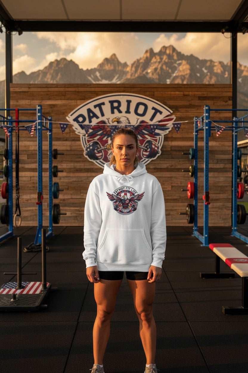A woman wearing a Patriot Fit Life white hoodie with an eagle and text design.