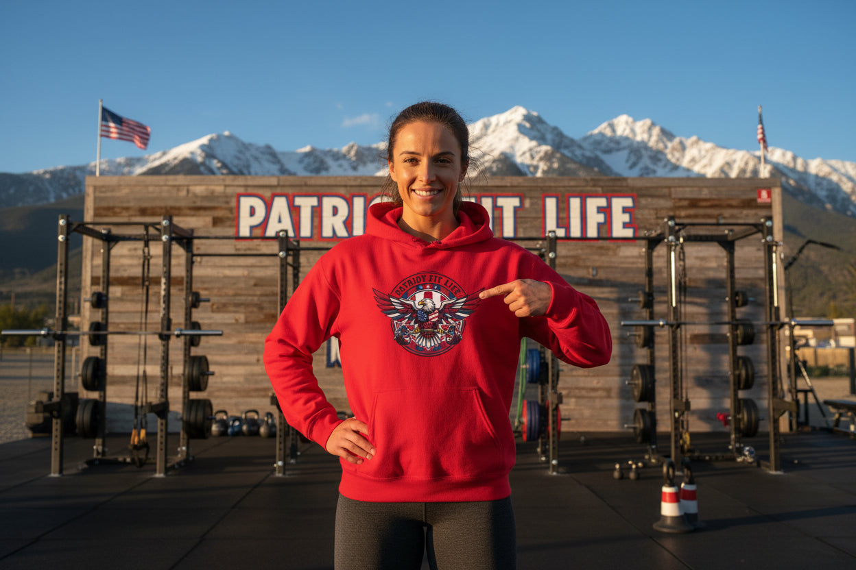 A woman wearing a Patriot Fit Life red hoodie with a logo, pointing to it, in front of a wooden building with a Patriot Fit Life sign and mountains.