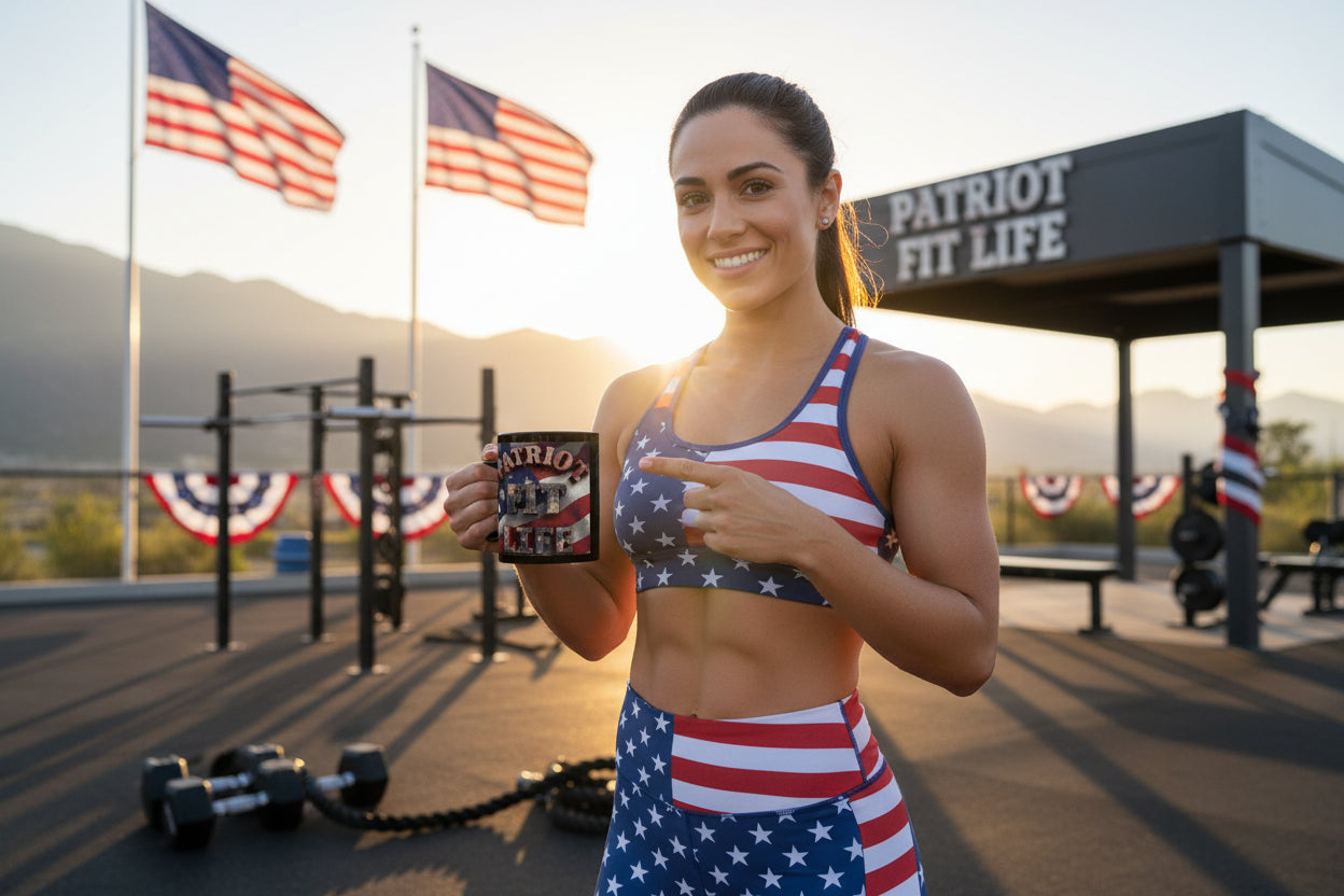 Woman in patriotic workout attire holding a cup with 'Patriot Fit Life' branding in an outdoor fitness area.