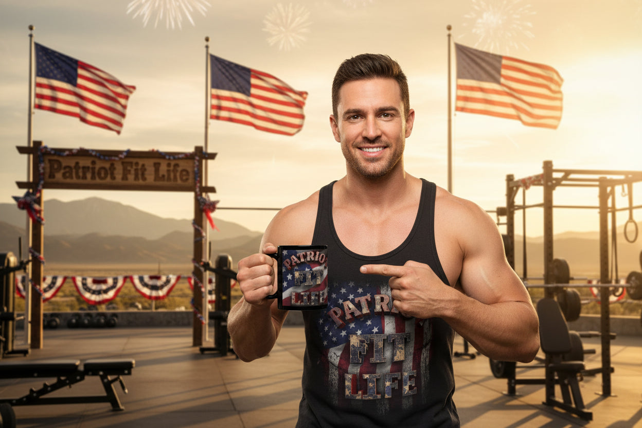 Black mug with American flag design and 'Patriot Fit Life' text.