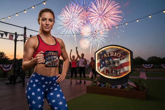 Woman in athletic wear holding a mug that says Patriot Fit Life with fireworks and 'Patriot' branding in the background.