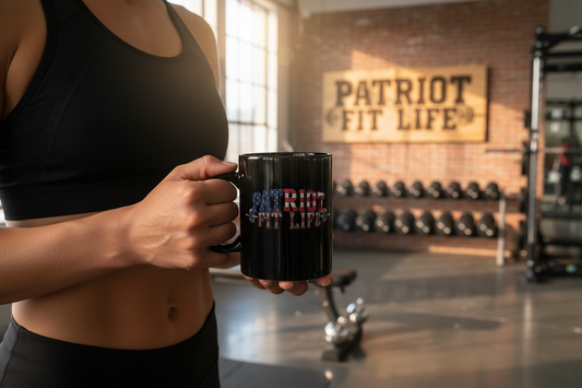 Person holding a black mug with 'Patriot Fit Life' branding in a gym setting.
