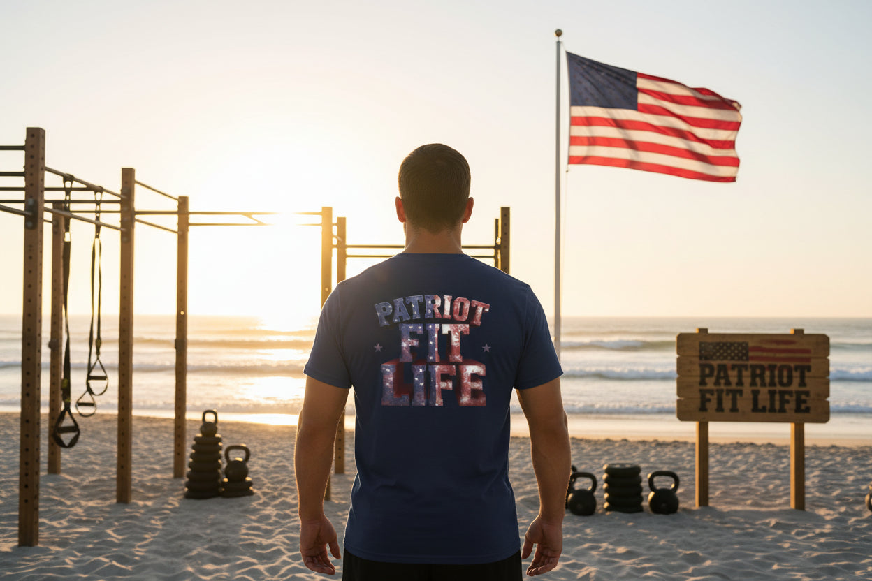 Navy blue t-shirt with 'Patriot Fit Life' text with a gym beach background.
