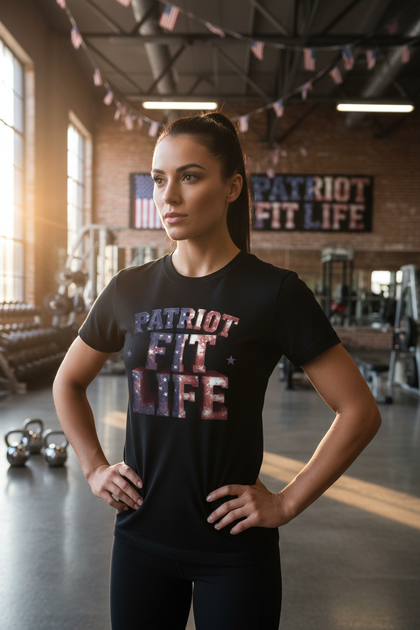 Woman wearing a 'Patriot Fit Life' t-shirt in a gym setting