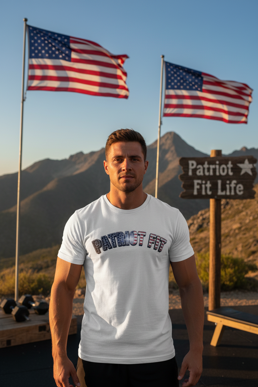 Man wearing a 'Patriot Fit' t-shirt standing in front of two American flags with mountains in the background.