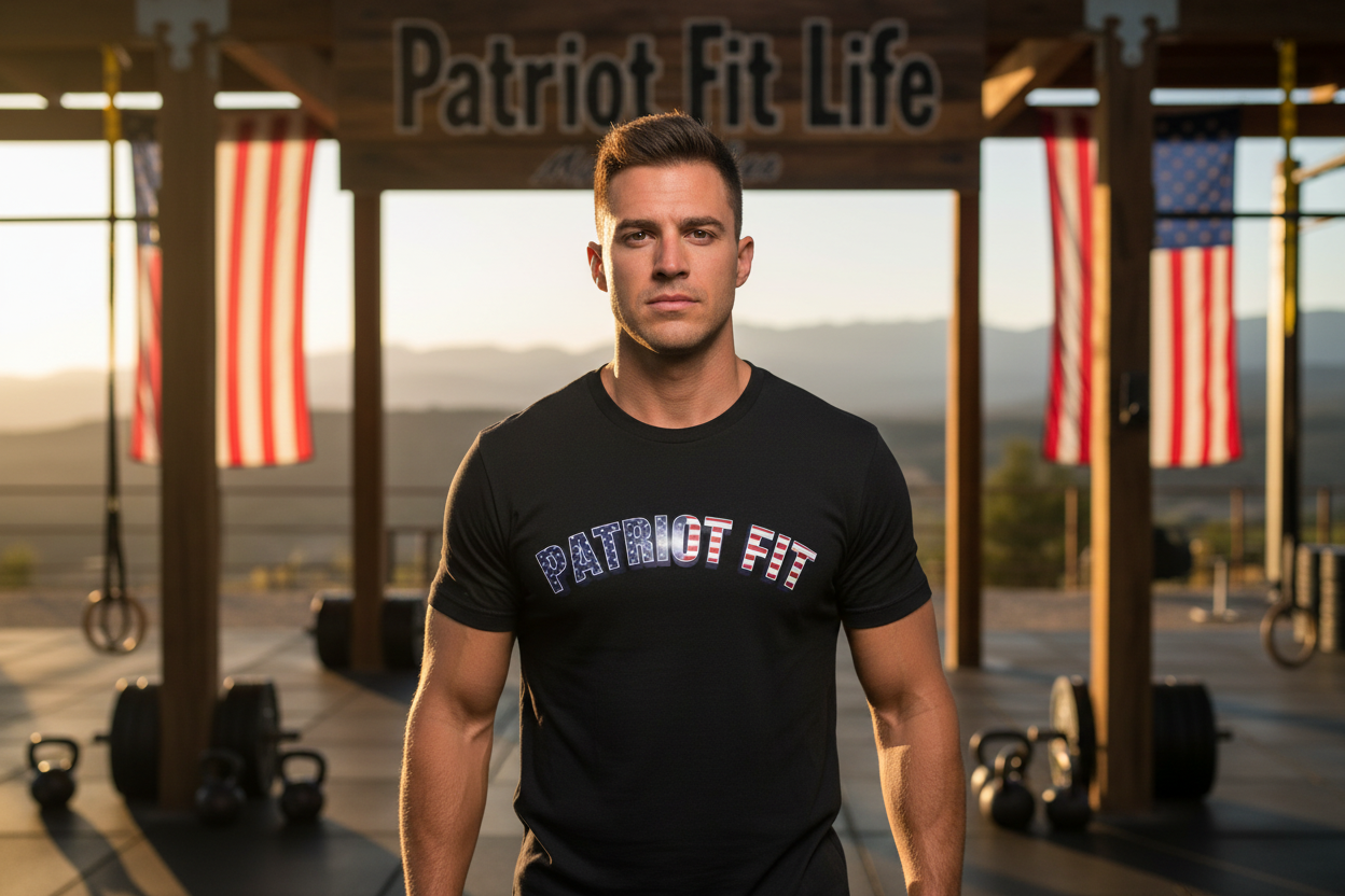Man wearing a 'Patriot Fit' t-shirt in an outdoor fitness area with American flags in the background.