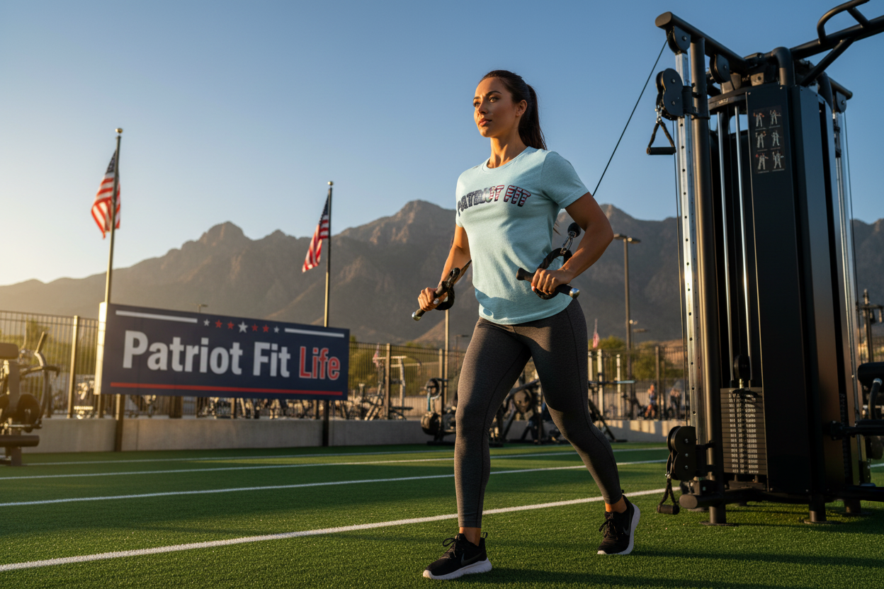 Woman wearing a Patriot Fit tee exercising outdoors with mountains and 'Patriot Fit Life' sign in the background.