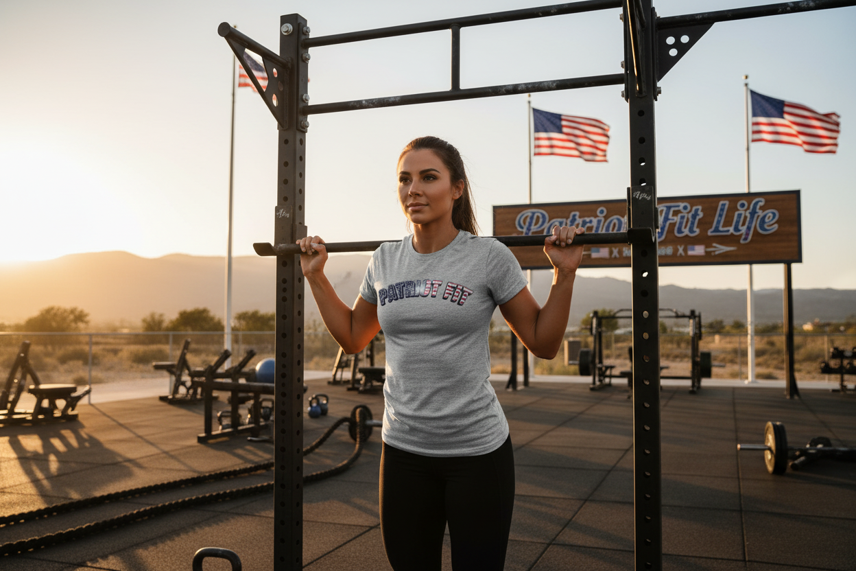 Woman wearing a Patriot Fit tee holding onto pull-up bars at a fitness facility with American flags in the background.