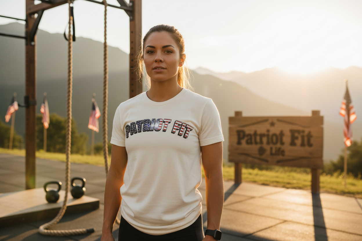 Person wearing a 'Patriot Fit' t-shirt standing in front of fitness equipment and a Patriot Fit Life sign.