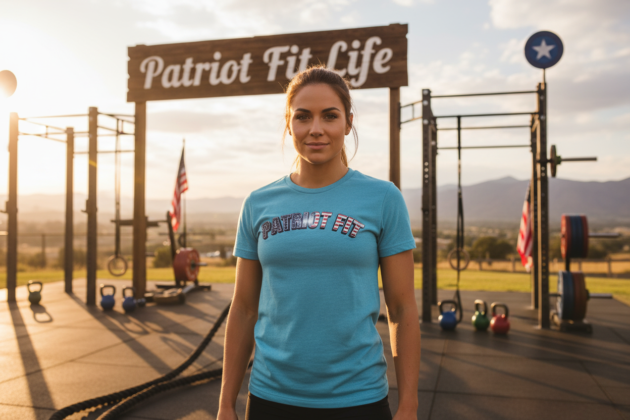 Woman wearing a blue 'Patriot Fit' t-shirt at an outdoor fitness area with equipment and a sign in the background.