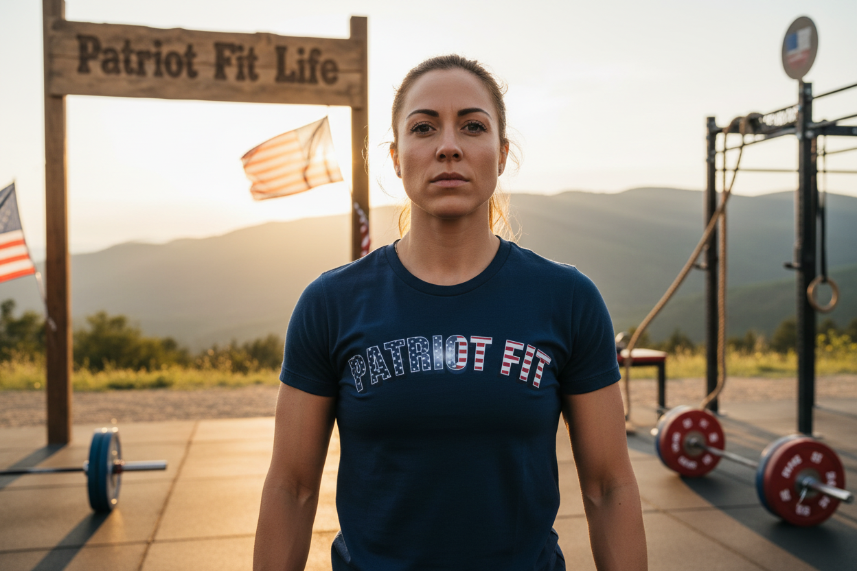 Woman wearing a 'Patriot Fit' t-shirt in an outdoor fitness setting with mountains in the background.
