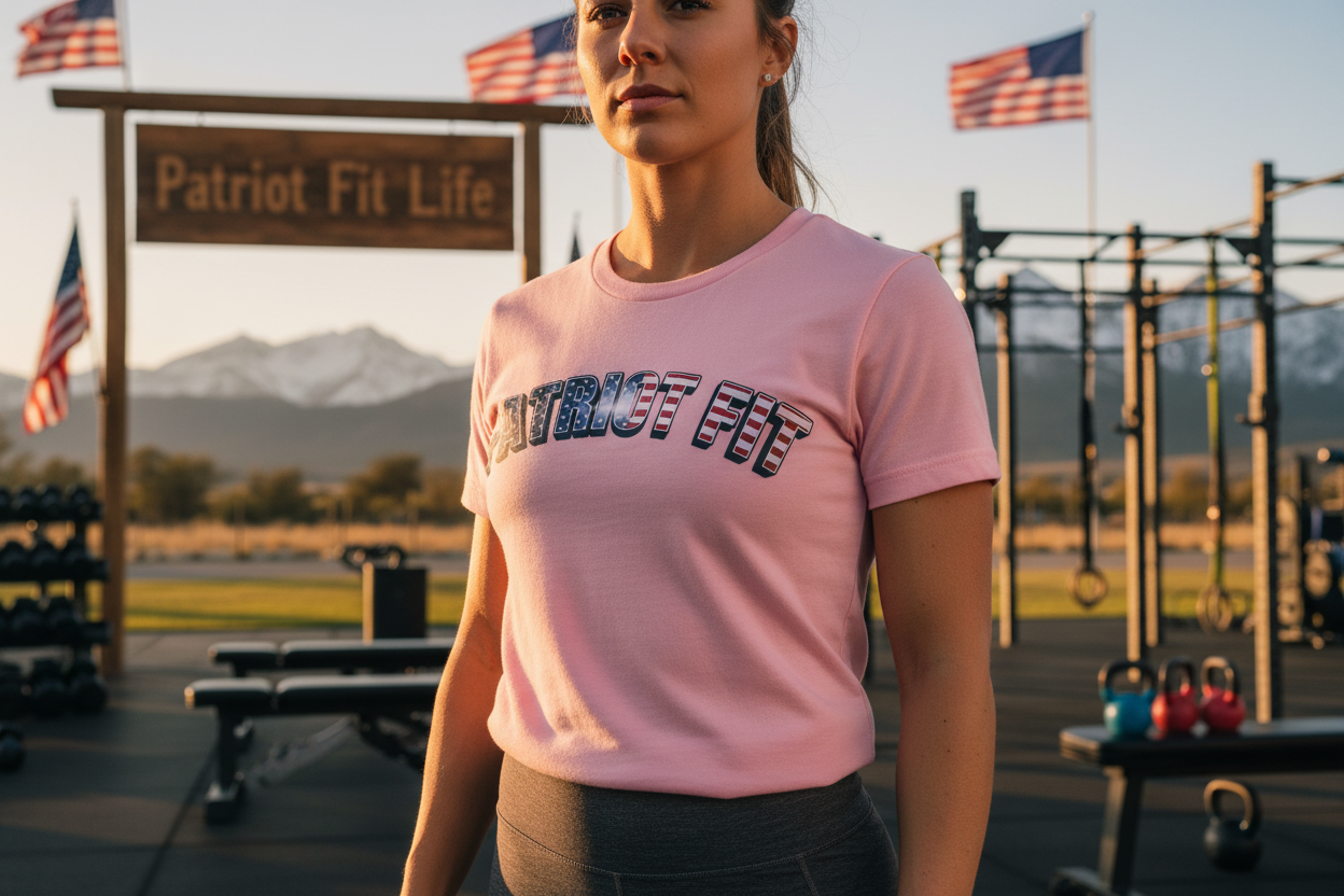 Woman wearing a pink 'Patriot Fit' t-shirt in an outdoor fitness setting with mountains in the background.