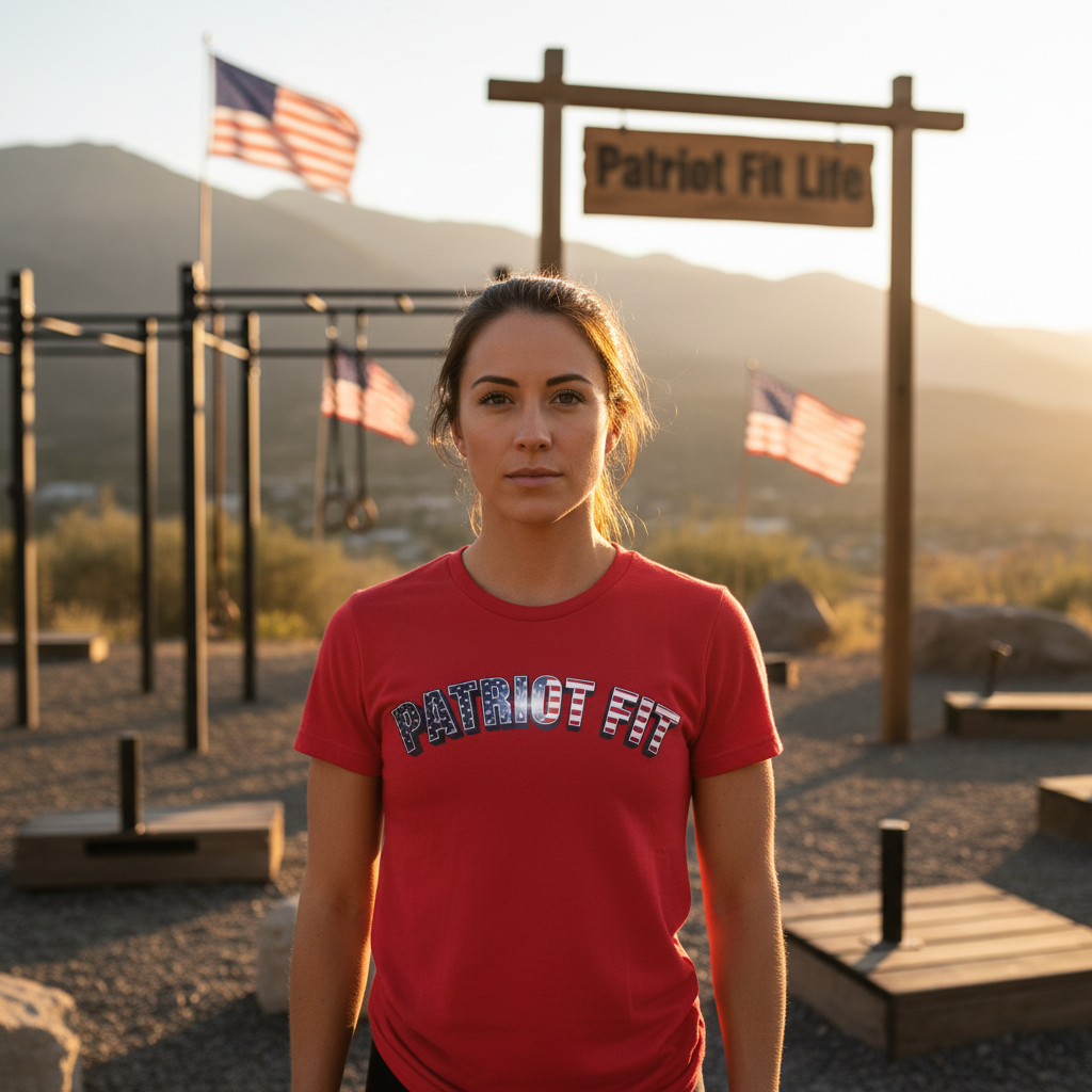 Woman wearing a red 'Patriot Fit' t-shirt standing in front of outdoor fitness equipment with American flags and 'Patriot Fit Life' sign.