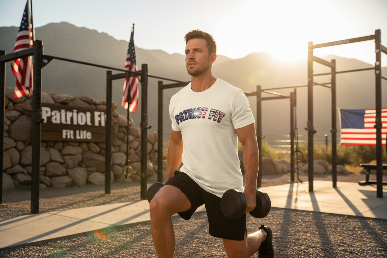 Beige t-shirt with 'Patriot Fit' text.
