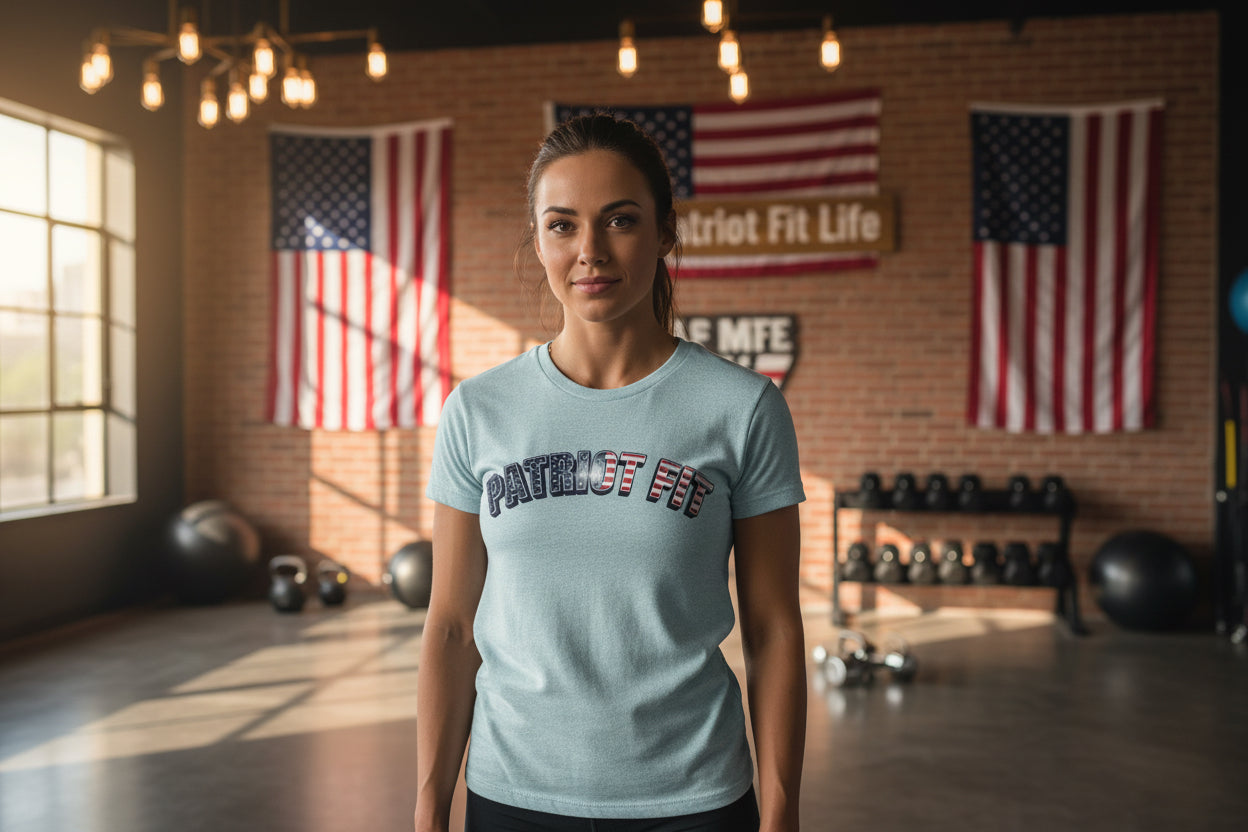 Light blue t-shirt with 'PATRIOT FIT' text.