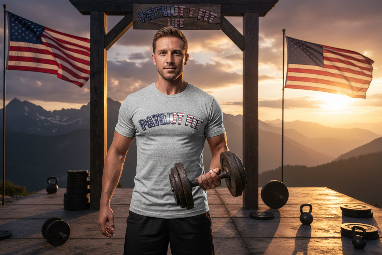 Gray t-shirt with 'Patriot Fit' text.