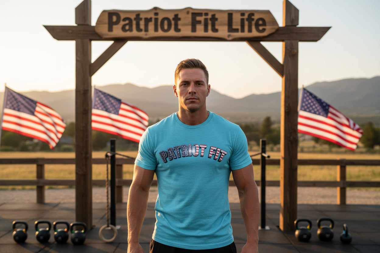 Blue t-shirt with 'PATRIOT FIT' text.